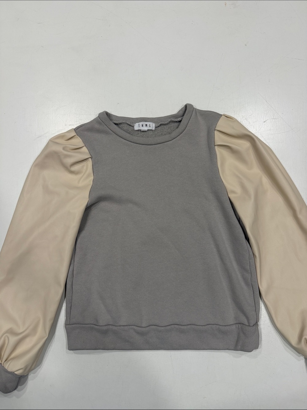 THML Gray Crewneck Sweatshirt with Cream Puff Sleeves
